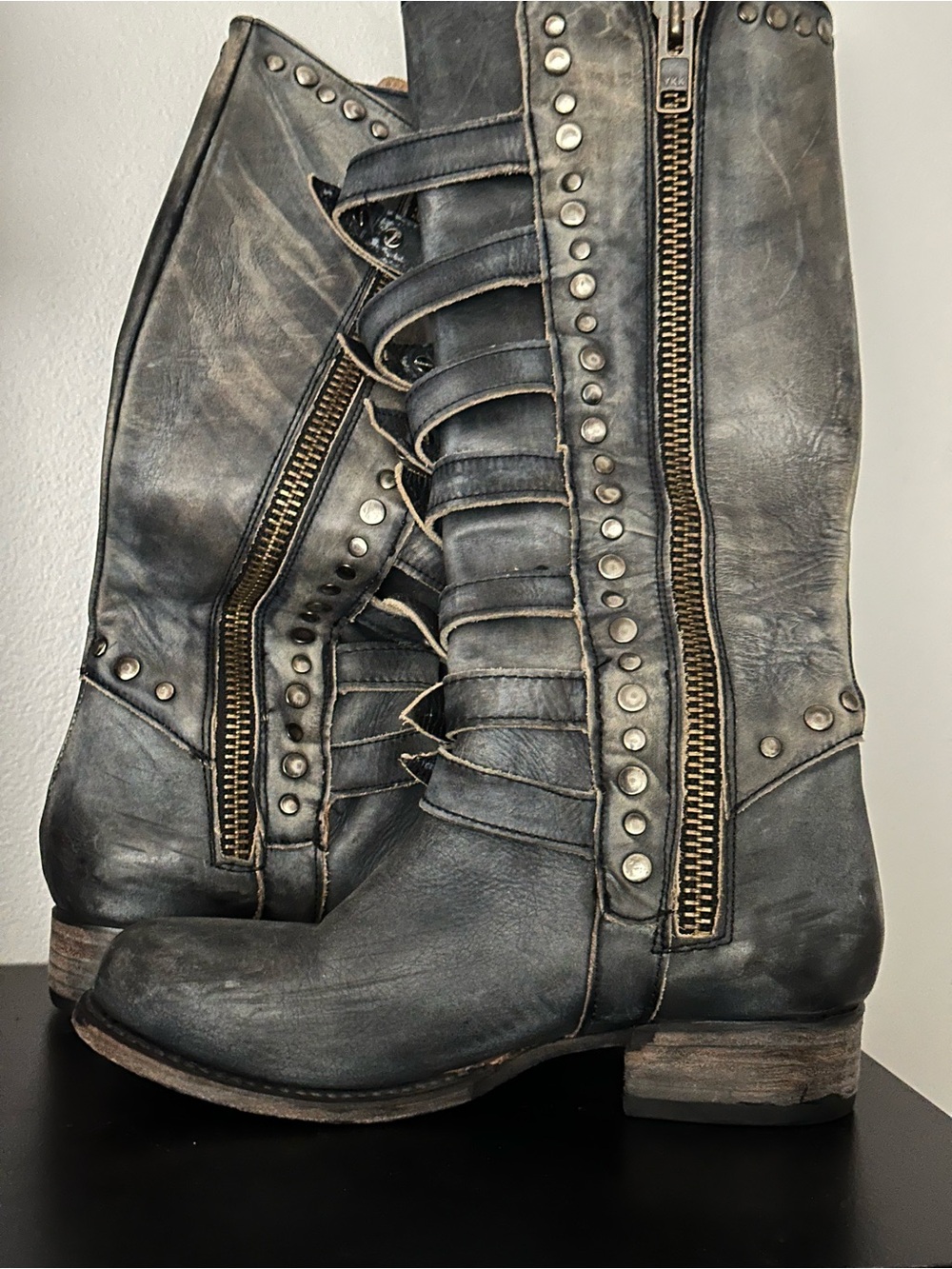 Freebird Rory Blue Stone Distressed Studded Lace-Up Mid-Calf Boots